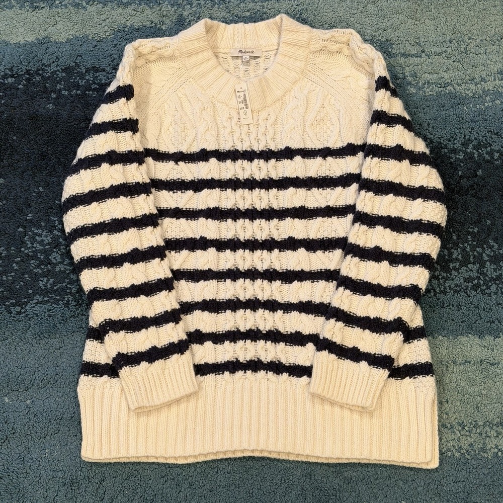 NWT Madewell Striped Oversized Crewneck Cable Knit Sweater Size Small